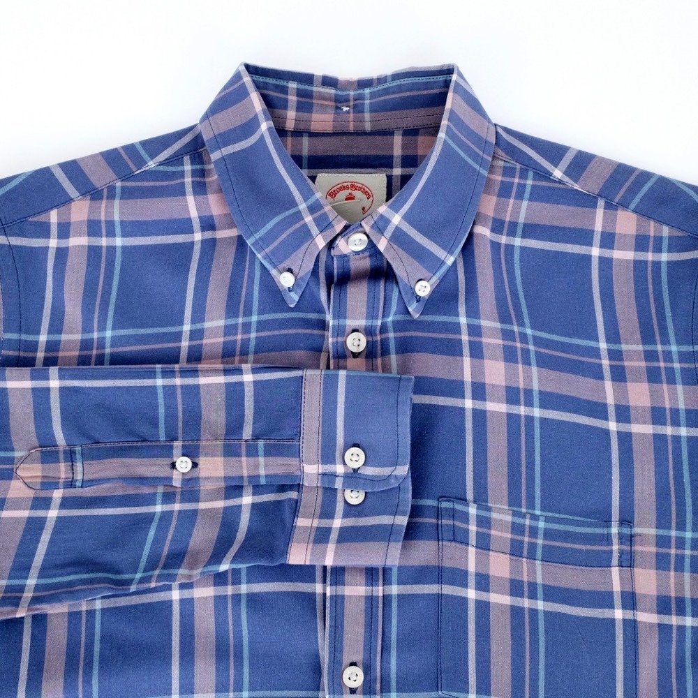 Brooks Brothers Red Fleece Blue Plaid Madras Button Down Shirt MD Medium Cotton